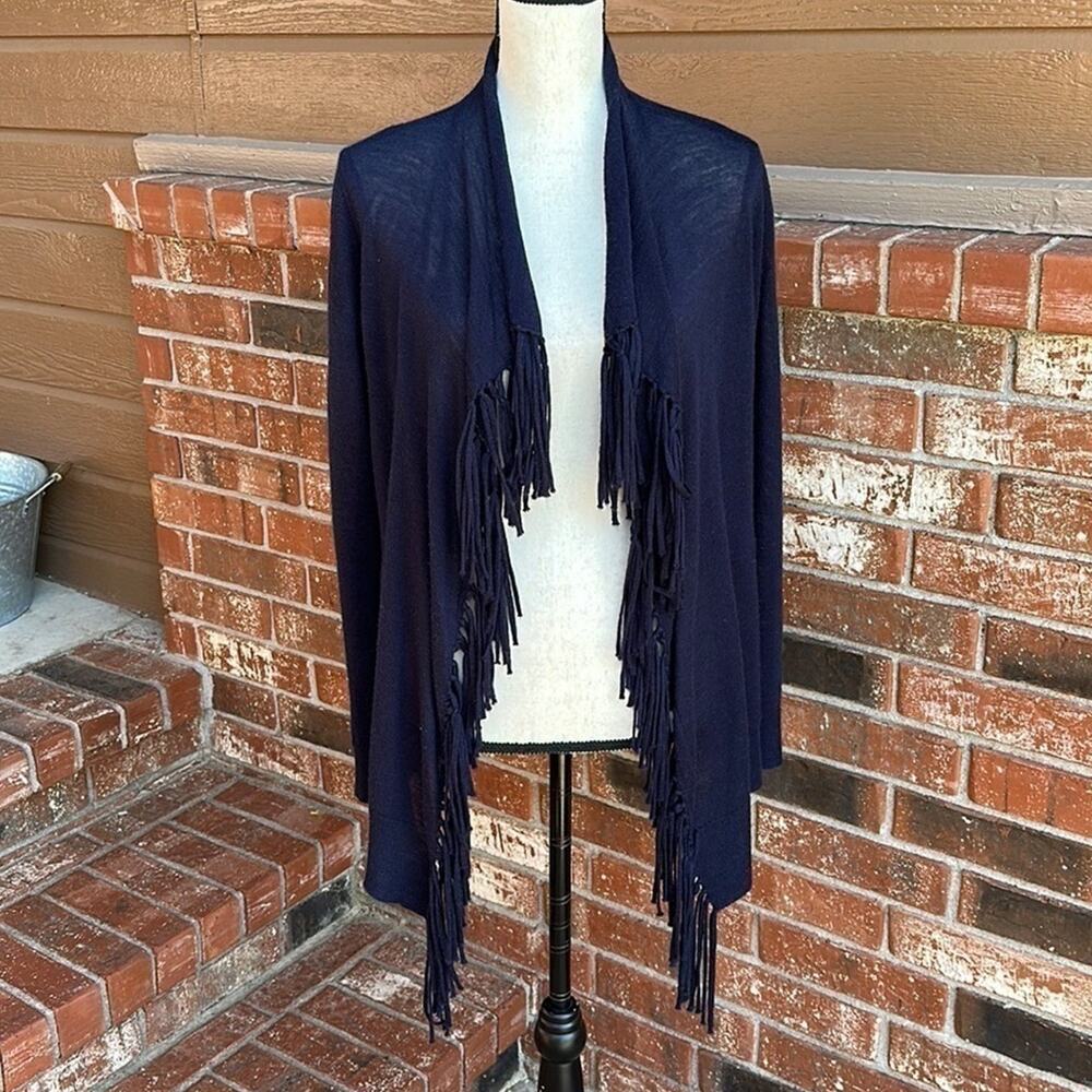Rebecca Taylor Navy Blue Wool Blend Open Front Fringe Drape Cardigan Sweater M